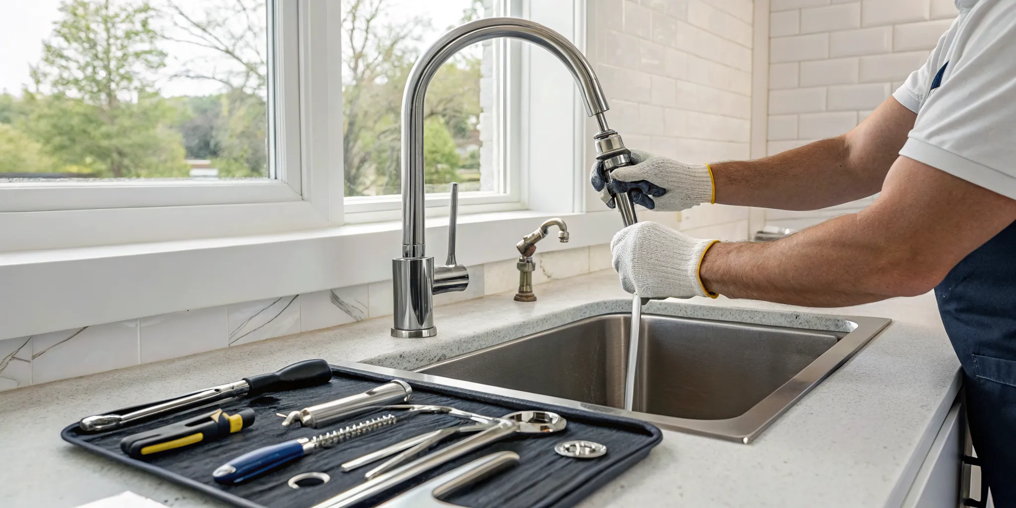 Professional plumber performing a kitchen faucet repair in Royal Oak, MI.