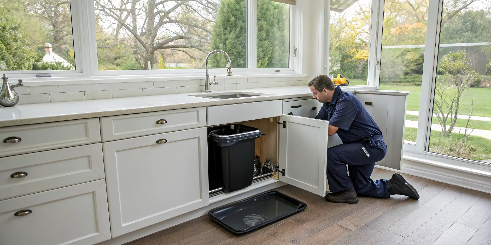 Plumber performing garbage disposal repair in a Rochester Hills, MI kitchen.