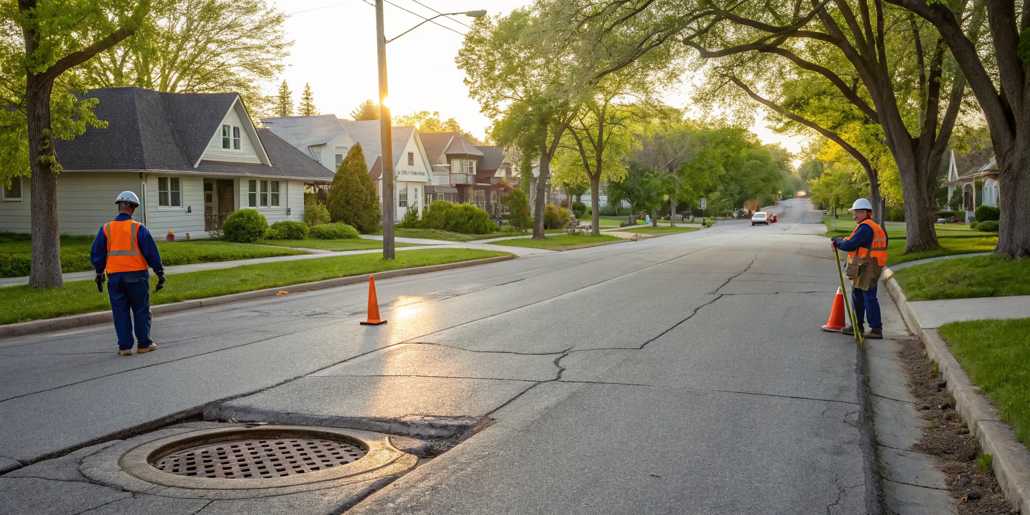 Workers performing a sewer line repair in Oak Park, MI.