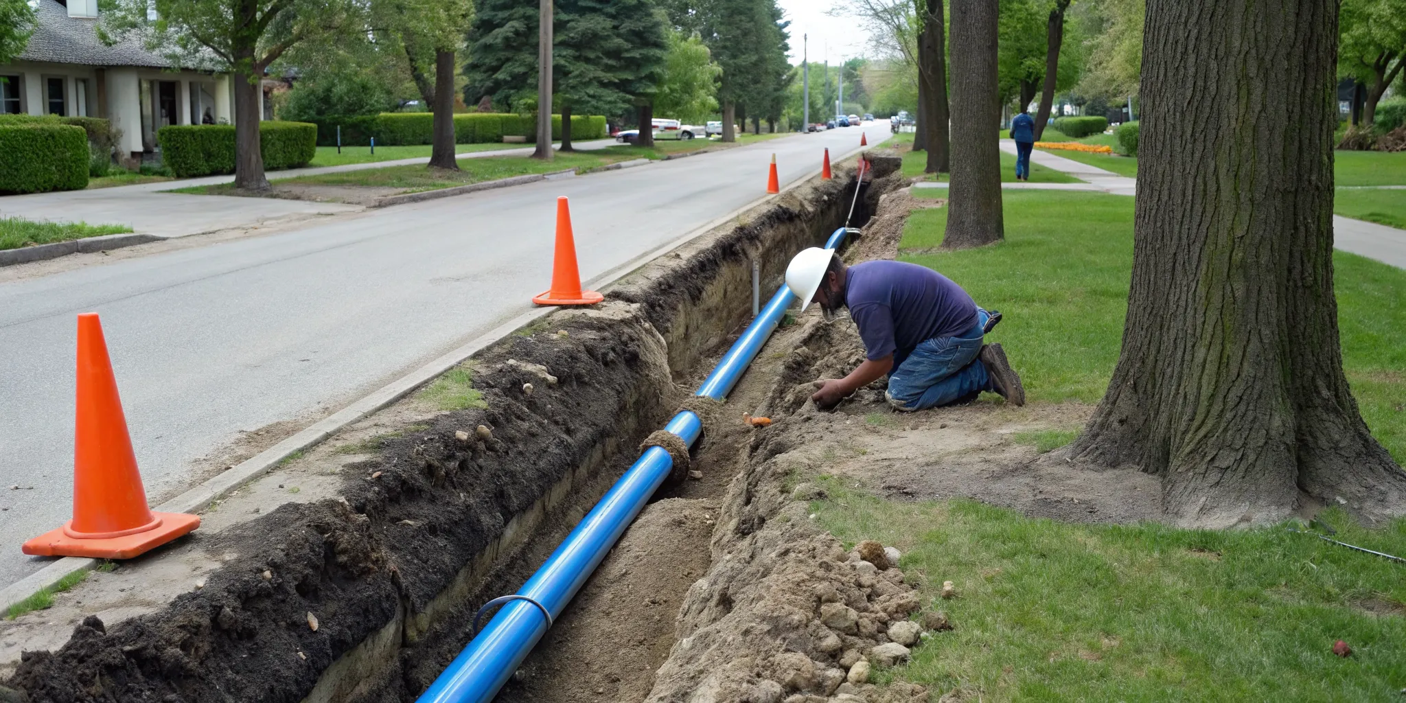 Sewer line repair using a new blue pipe on a residential street in Royal Oak, MI.