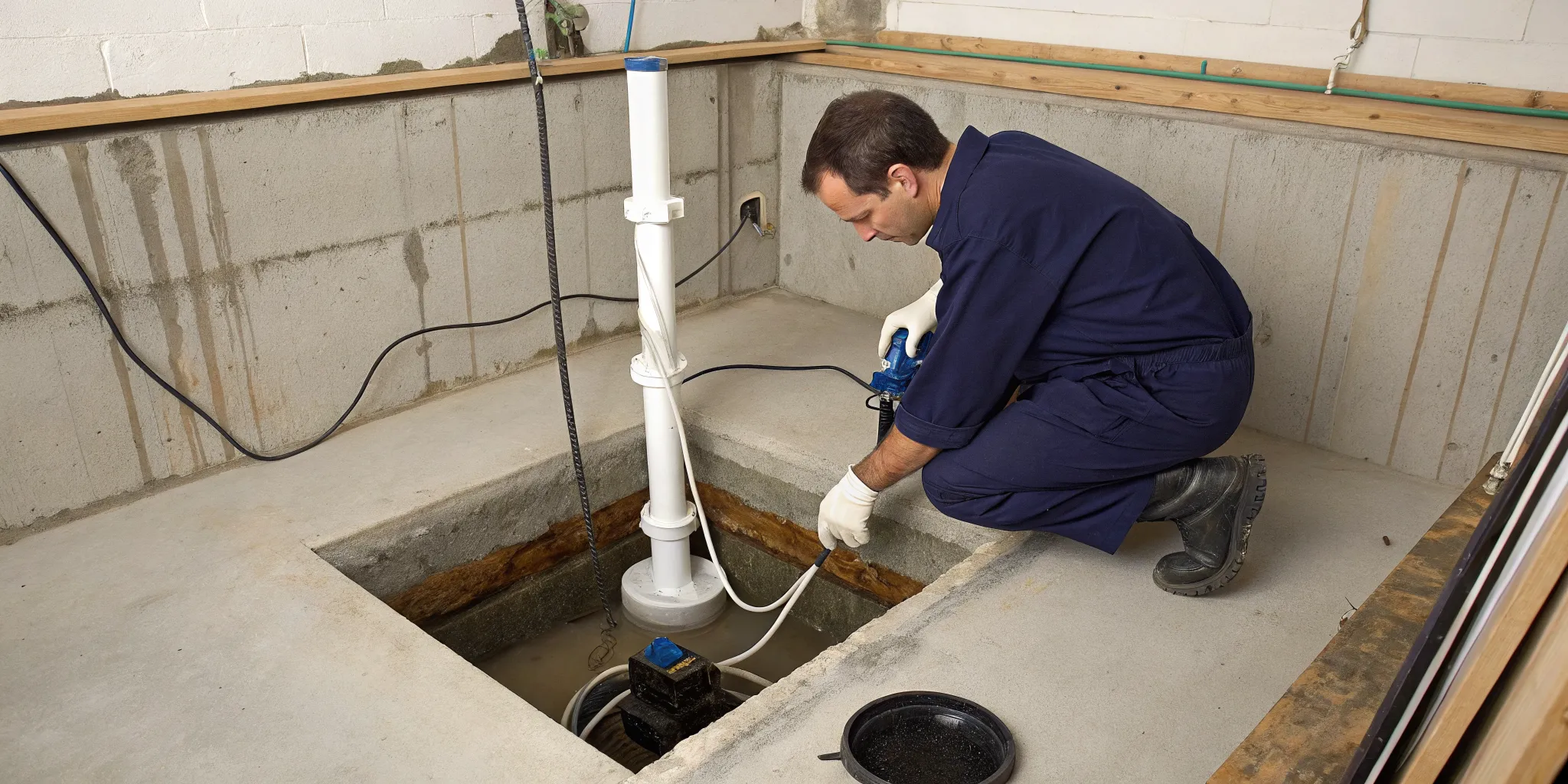 Sump pump repair in a West Bloomfield, MI basement by a professional technician.