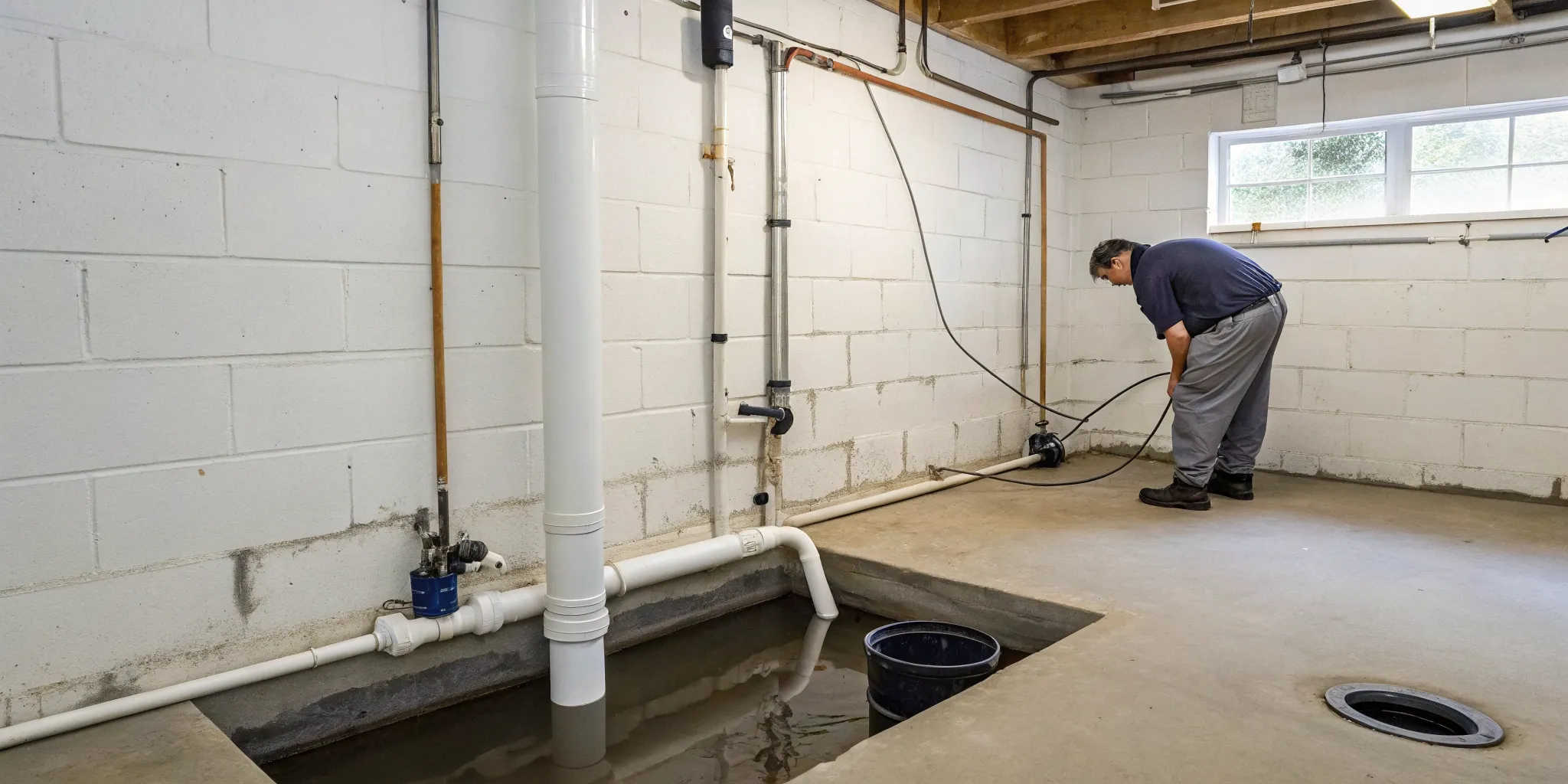 Plumber performing a sump pump repair in a West Bloomfield, MI basement.