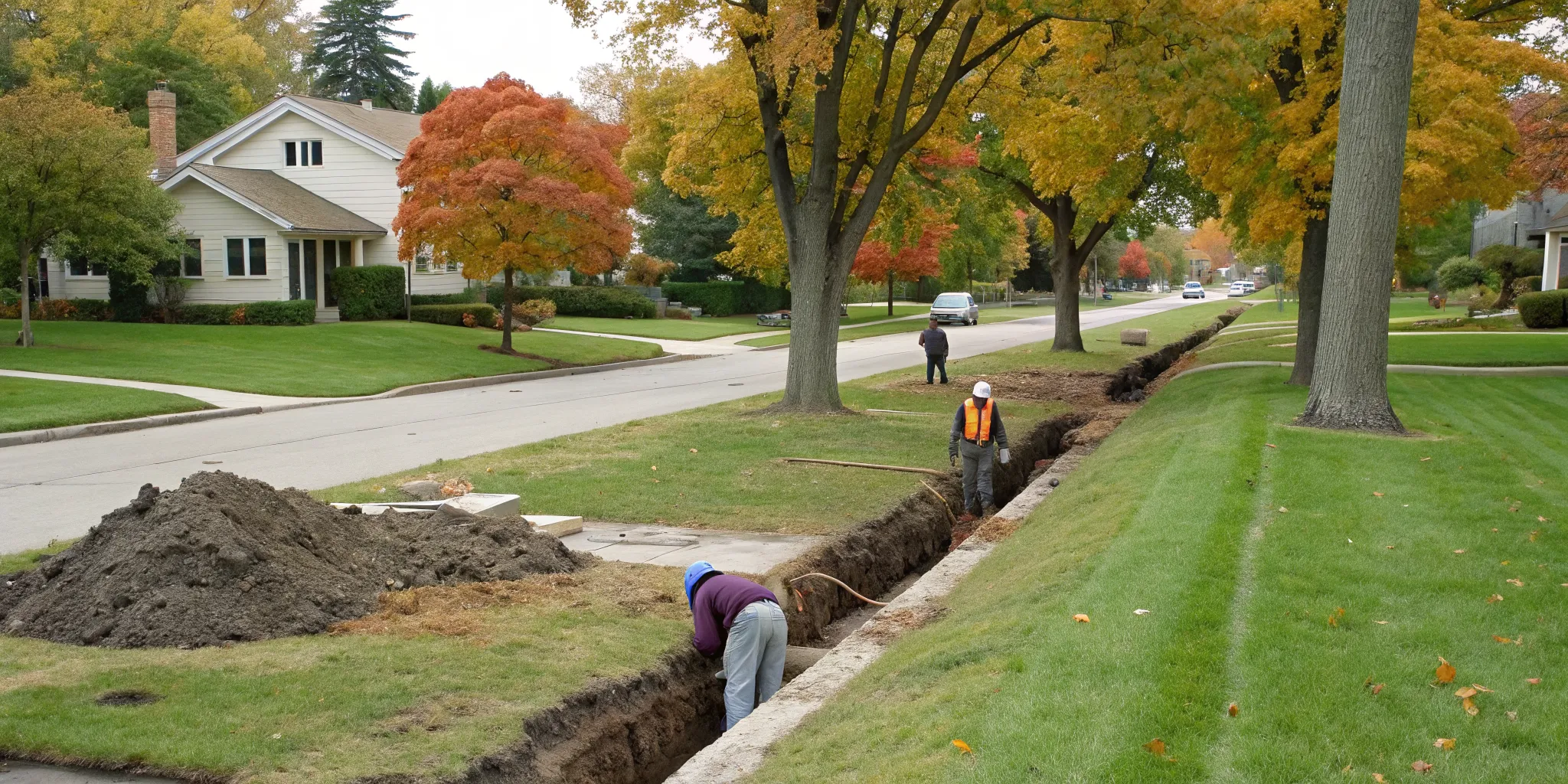 A destructive trench for traditional sewer repair, avoided with trenchless repair in Rochester Hills, MI.