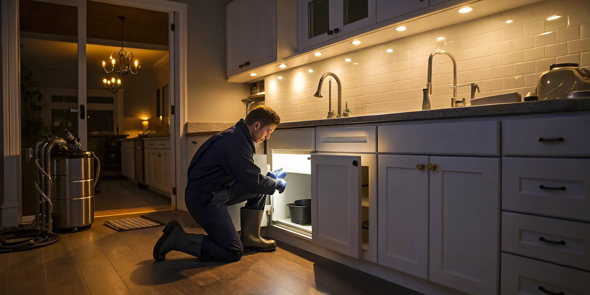 A 24 hour plumber in Troy, MI makes an emergency repair under a kitchen sink.