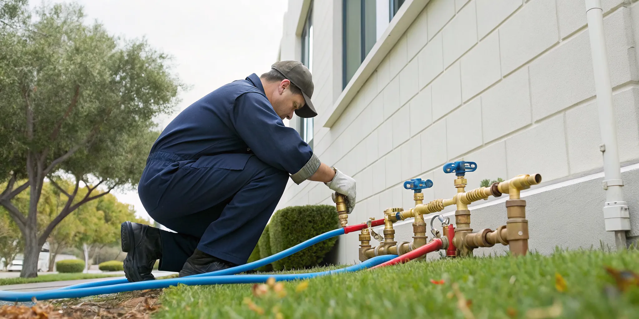 Certified technician performing backflow testing on a water system in Novi, MI.