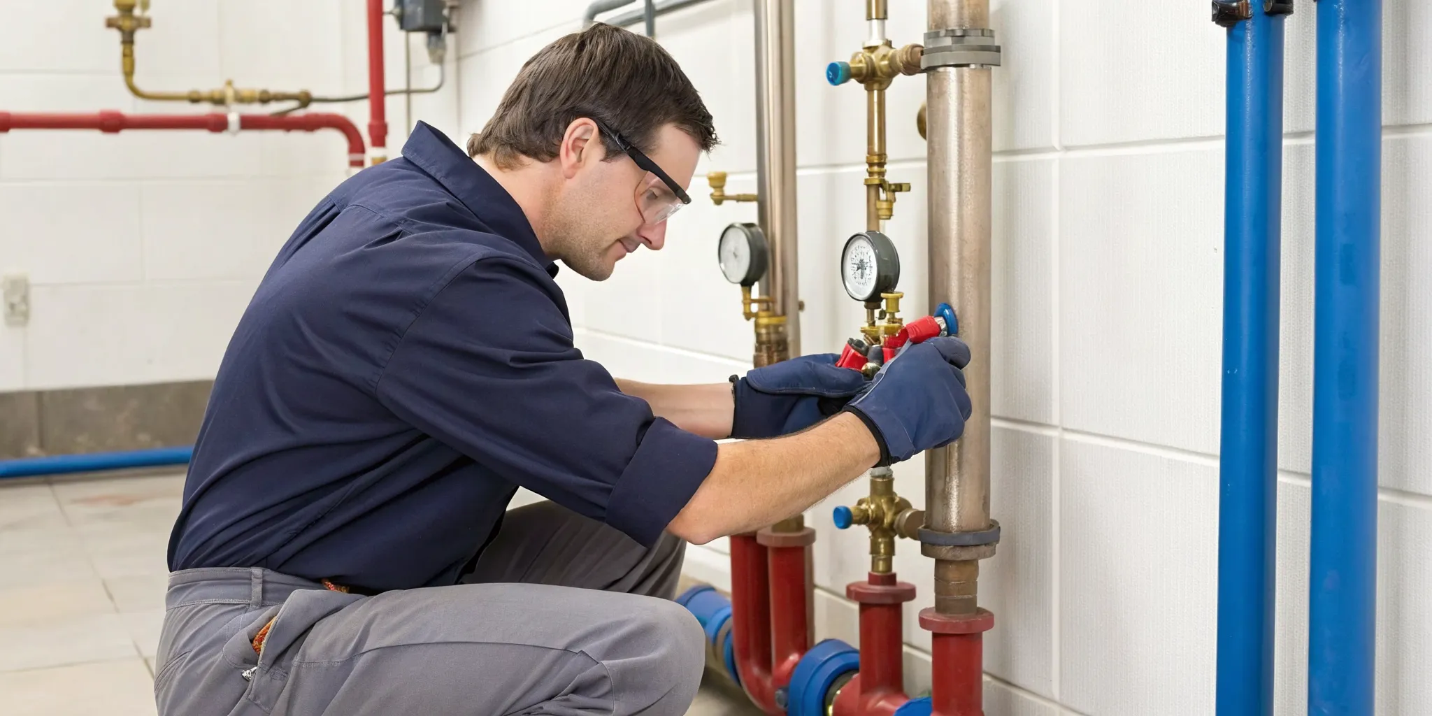 Plumber performing backflow testing on commercial pipes in Troy, MI.