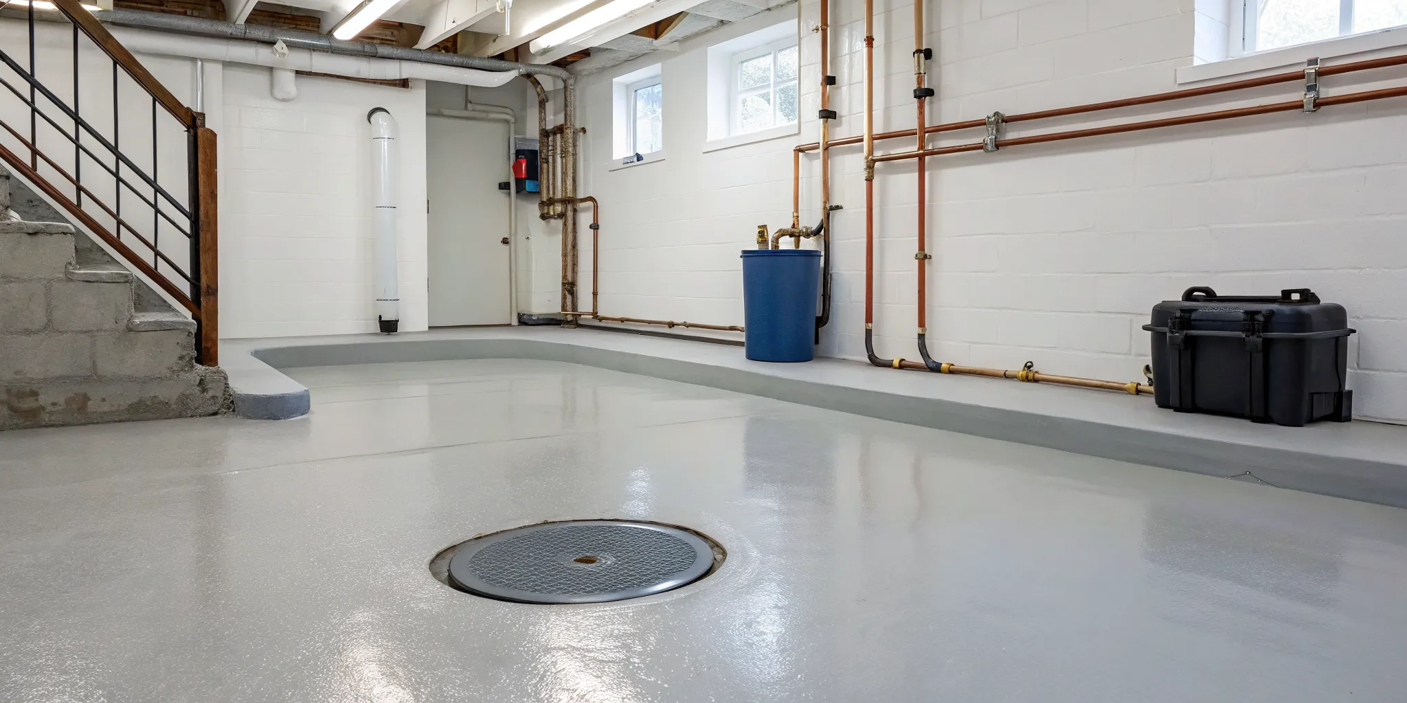 A basement drain plumber working on a floor drain in Novi, MI.
