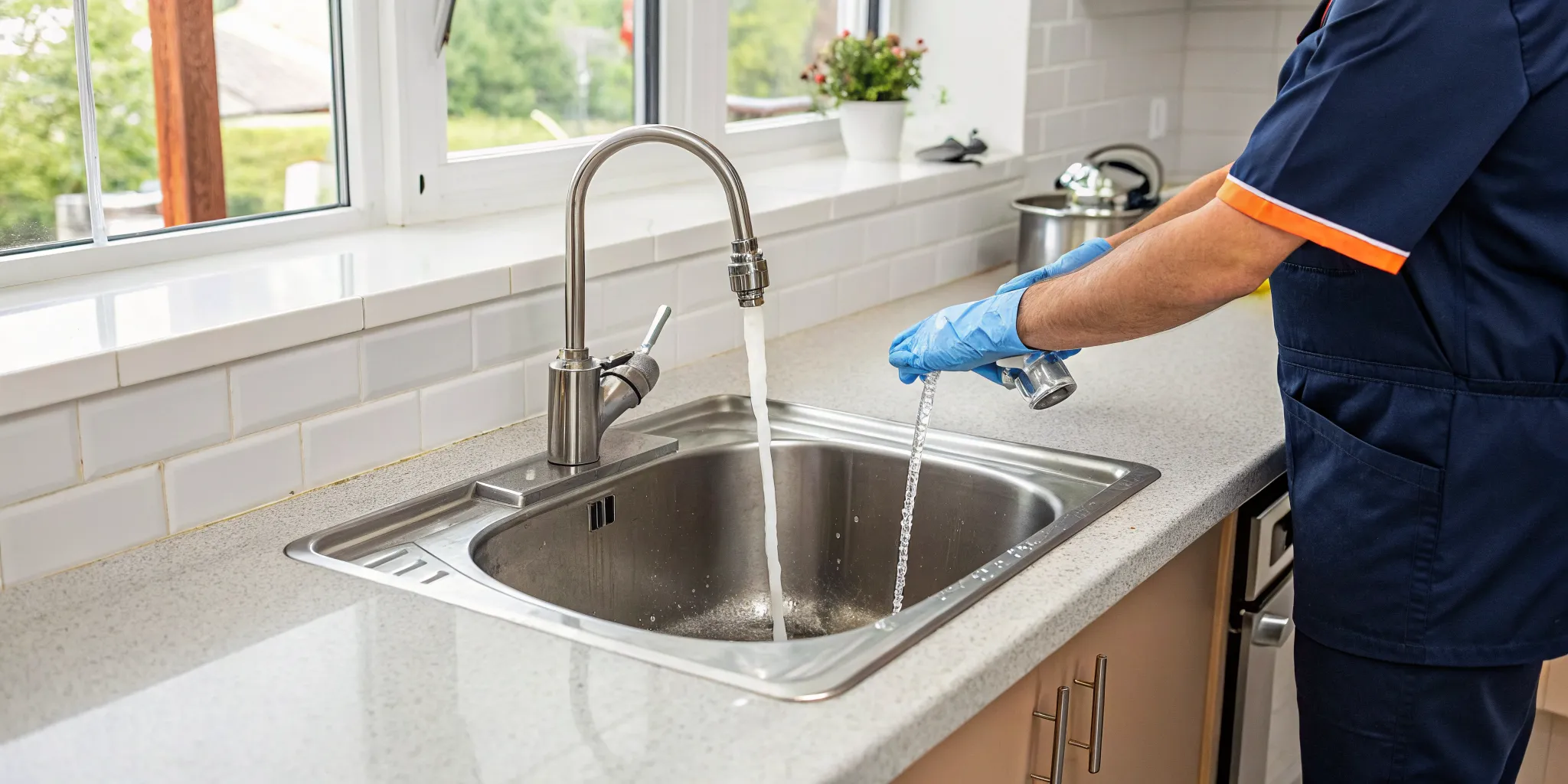 Professional drain cleaning service in Troy, MI, with a plumber clearing a kitchen sink.