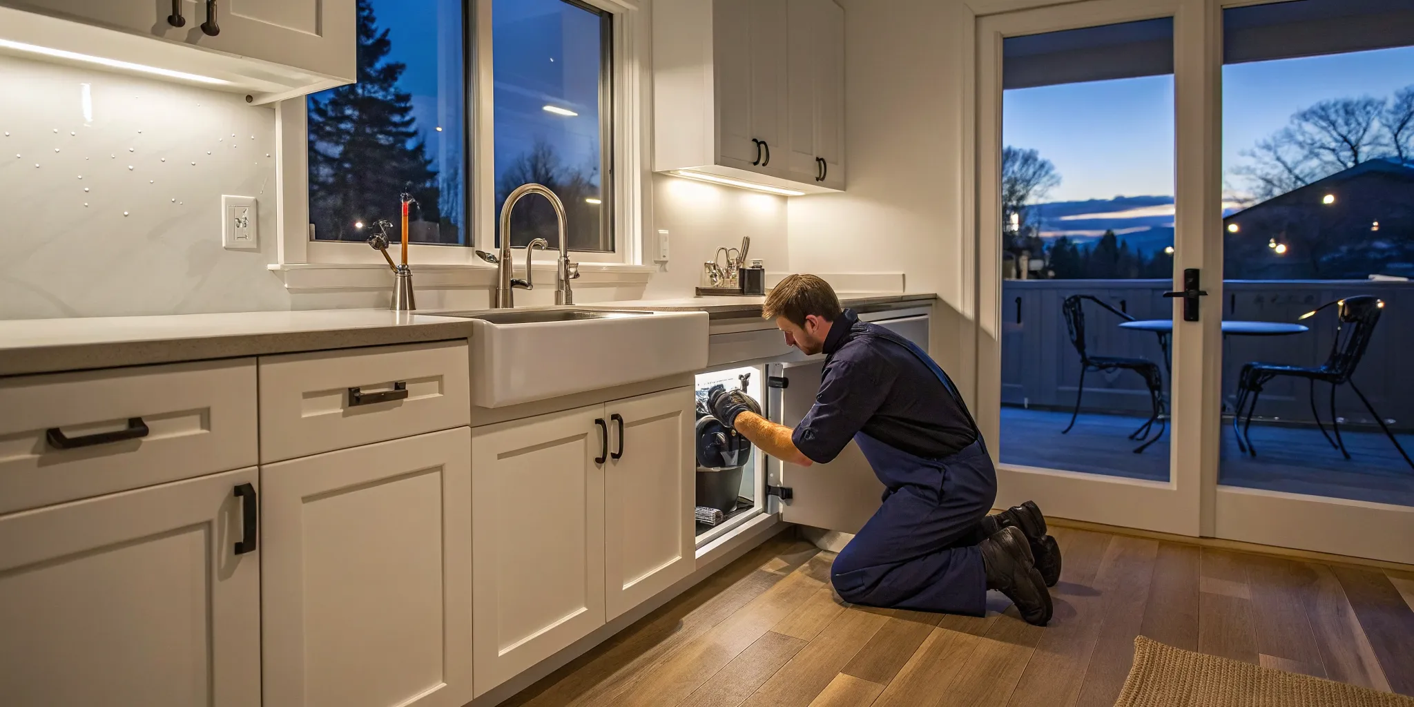An emergency plumber in Birmingham, MI fixes a leaking kitchen sink.
