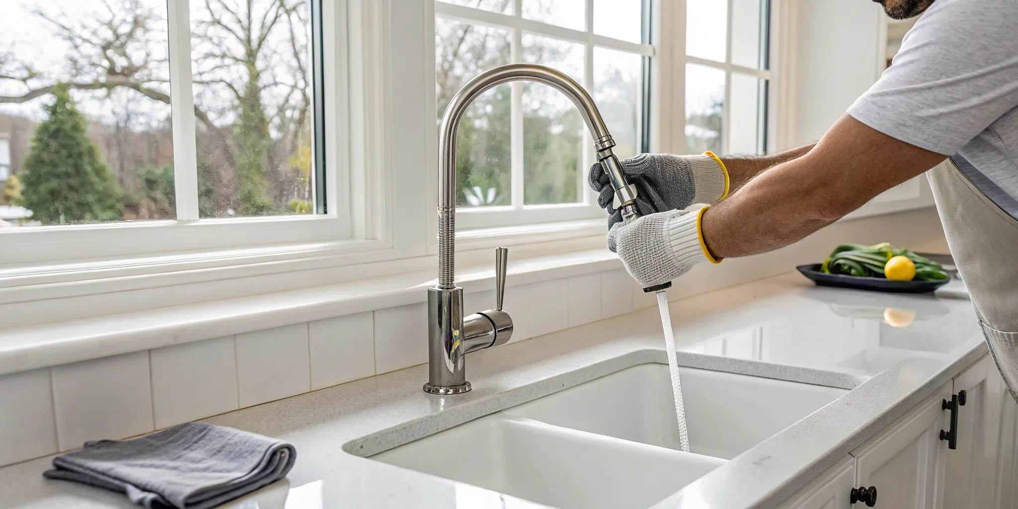 Plumber performing a kitchen faucet repair in a Novi, MI home.