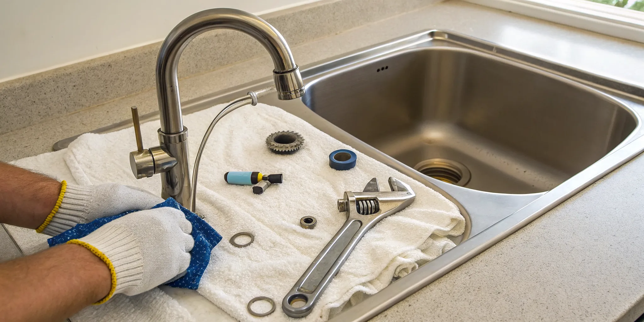 Professional faucet repair in Troy, MI with tools and parts on a kitchen sink.