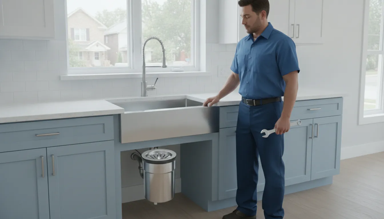 Professional plumber in blue uniform standing by a clean kitchen sink with a stainless steel garbage disposal