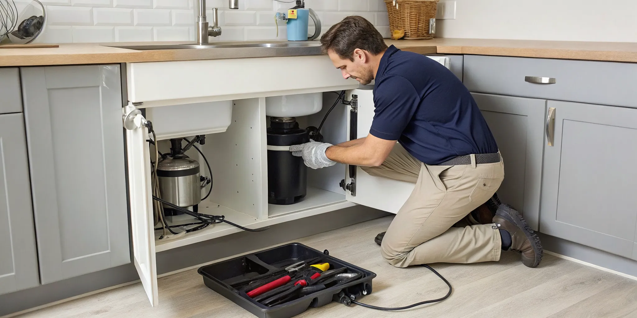 Plumber performing garbage disposal repair in Novi, MI.
