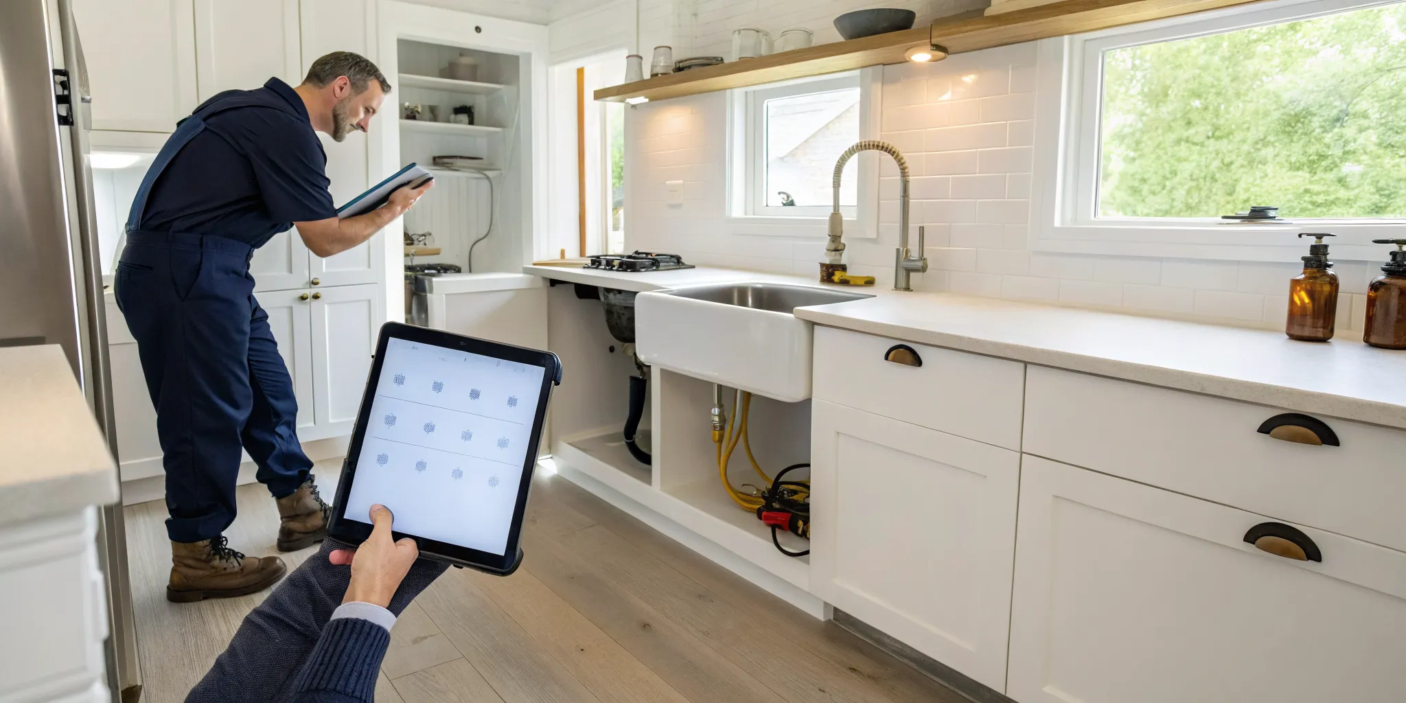 An emergency plumber in Troy, MI, inspects kitchen pipes with a tablet.