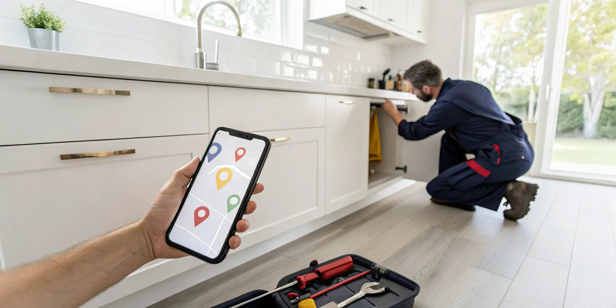 A plumber in Troy, MI fixes a sink after being found with a "plumber near me" search.
