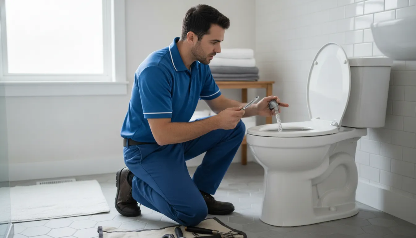 Plumber inspecting a toilet tank after a flush