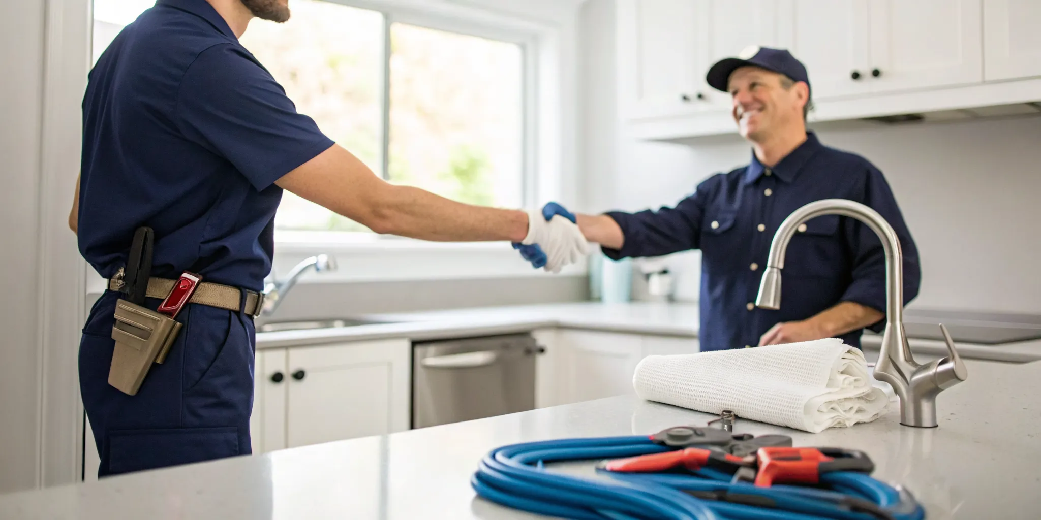 Clogged drain plumber in Birmingham, MI, shaking hands with a satisfied homeowner.