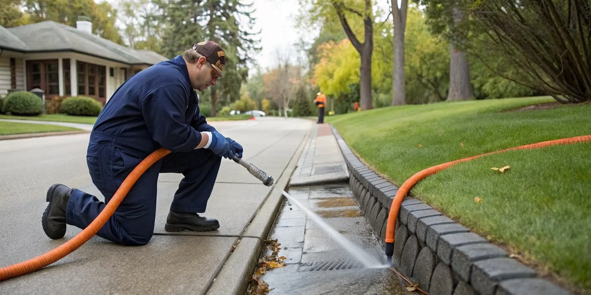 Plumber using hydro jetting to clear a clogged residential drain in Birmingham, MI.