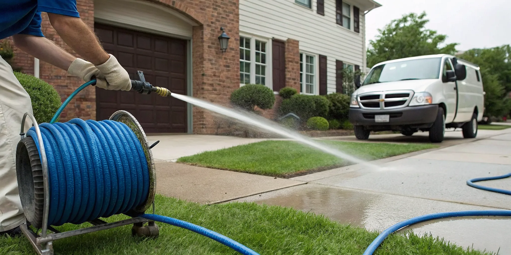 Hydro jetting a residential drain line with professional equipment in Troy, MI.