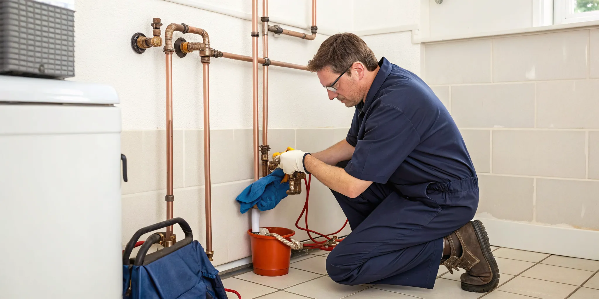 A plumber performs a leaking pipe repair in Novi, MI.