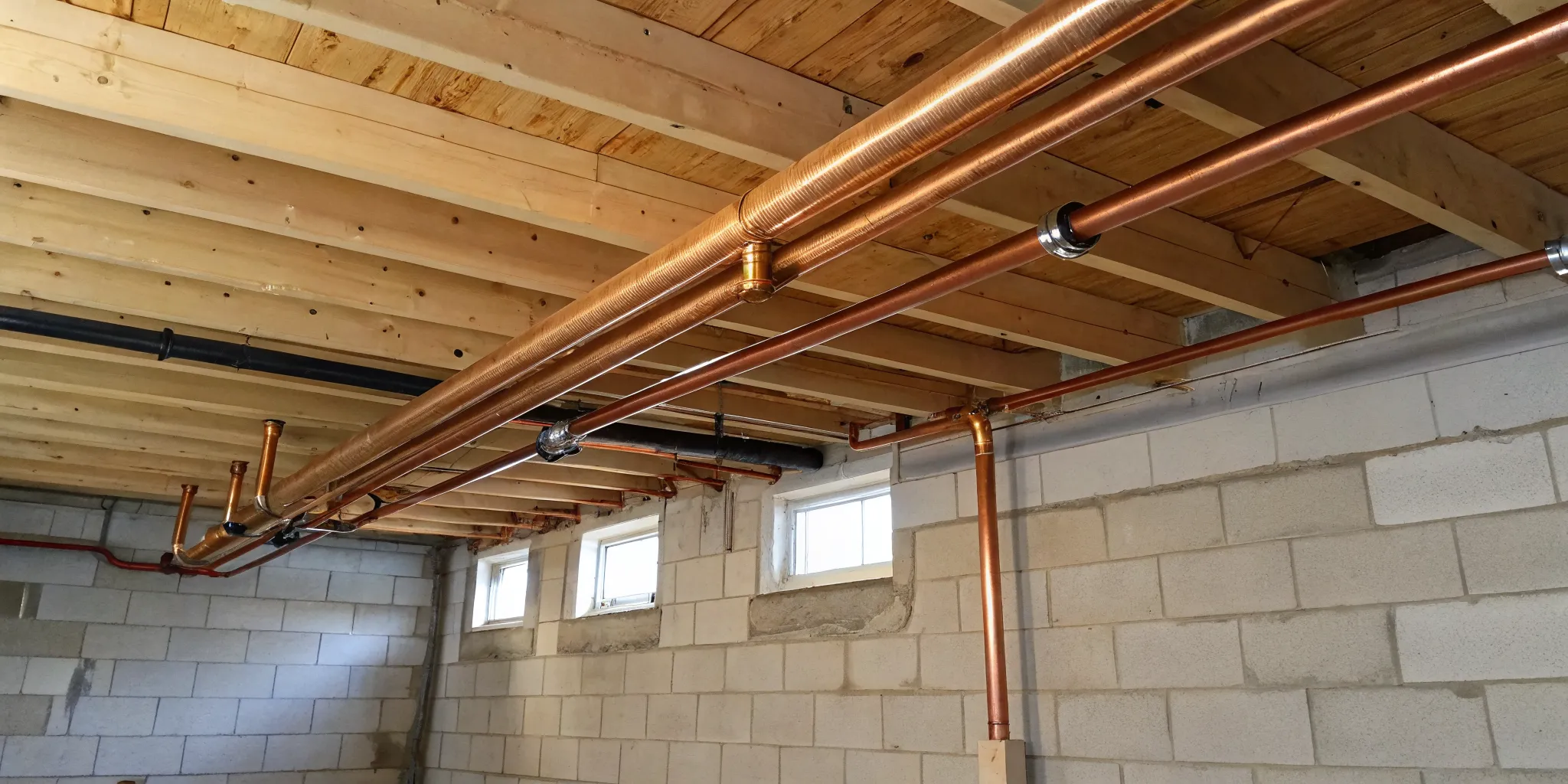 Leaking copper pipe in a basement ceiling requiring repair in Troy, MI.