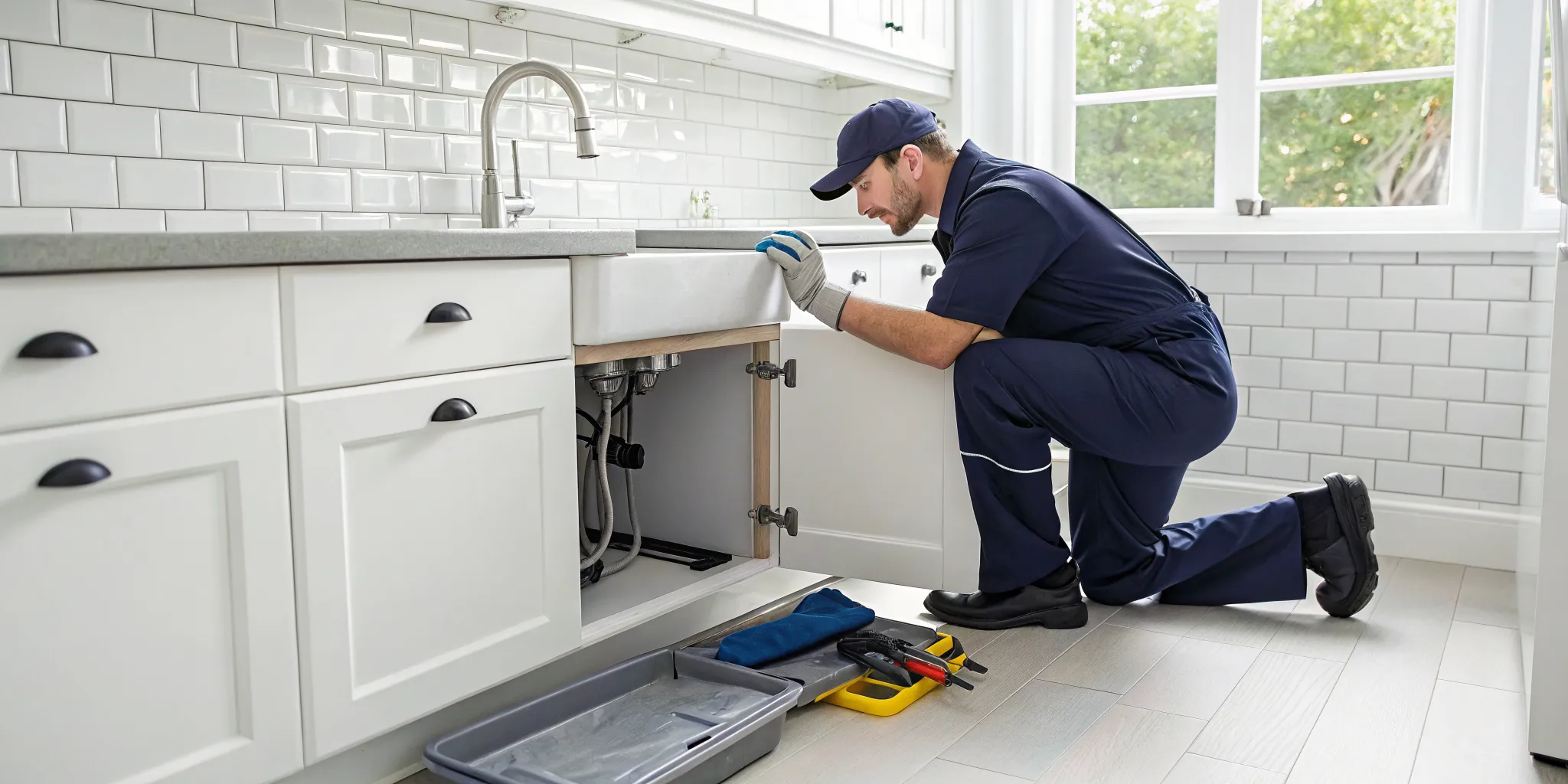 Plumber near me in Birmingham, MI fixing a residential kitchen sink.