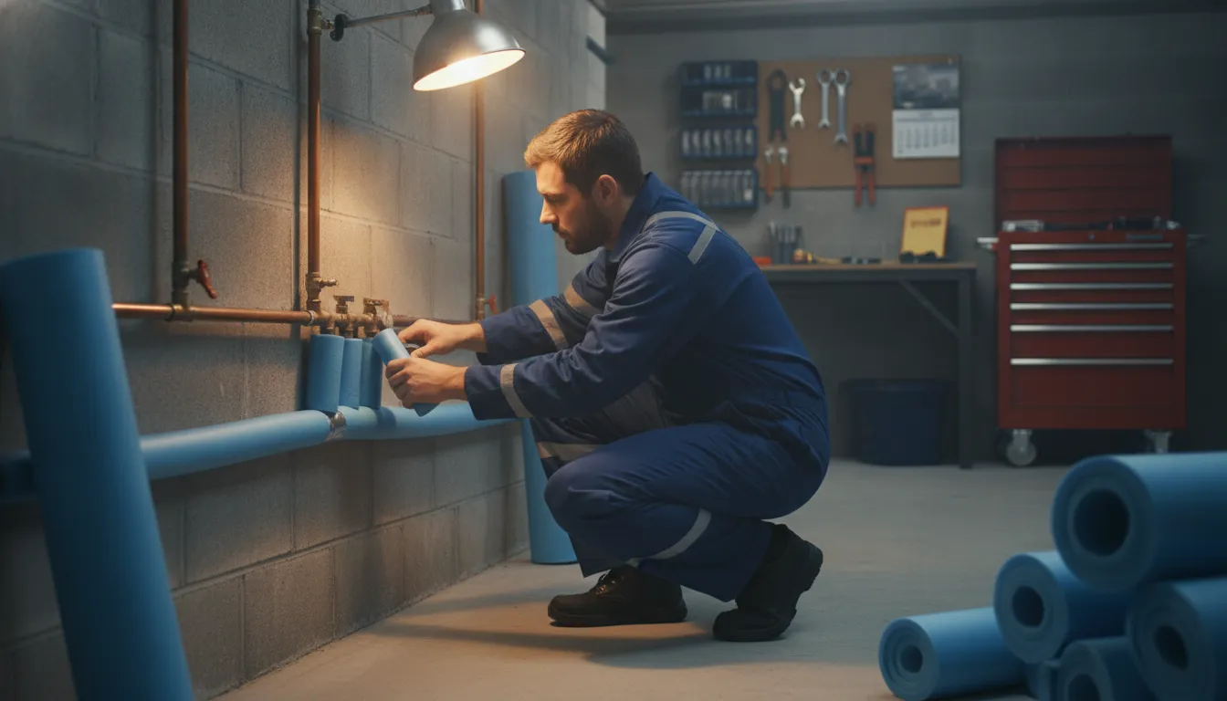 Professional plumber installing blue pipe insulation around copper pipes in a residential basement for winter freeze protection