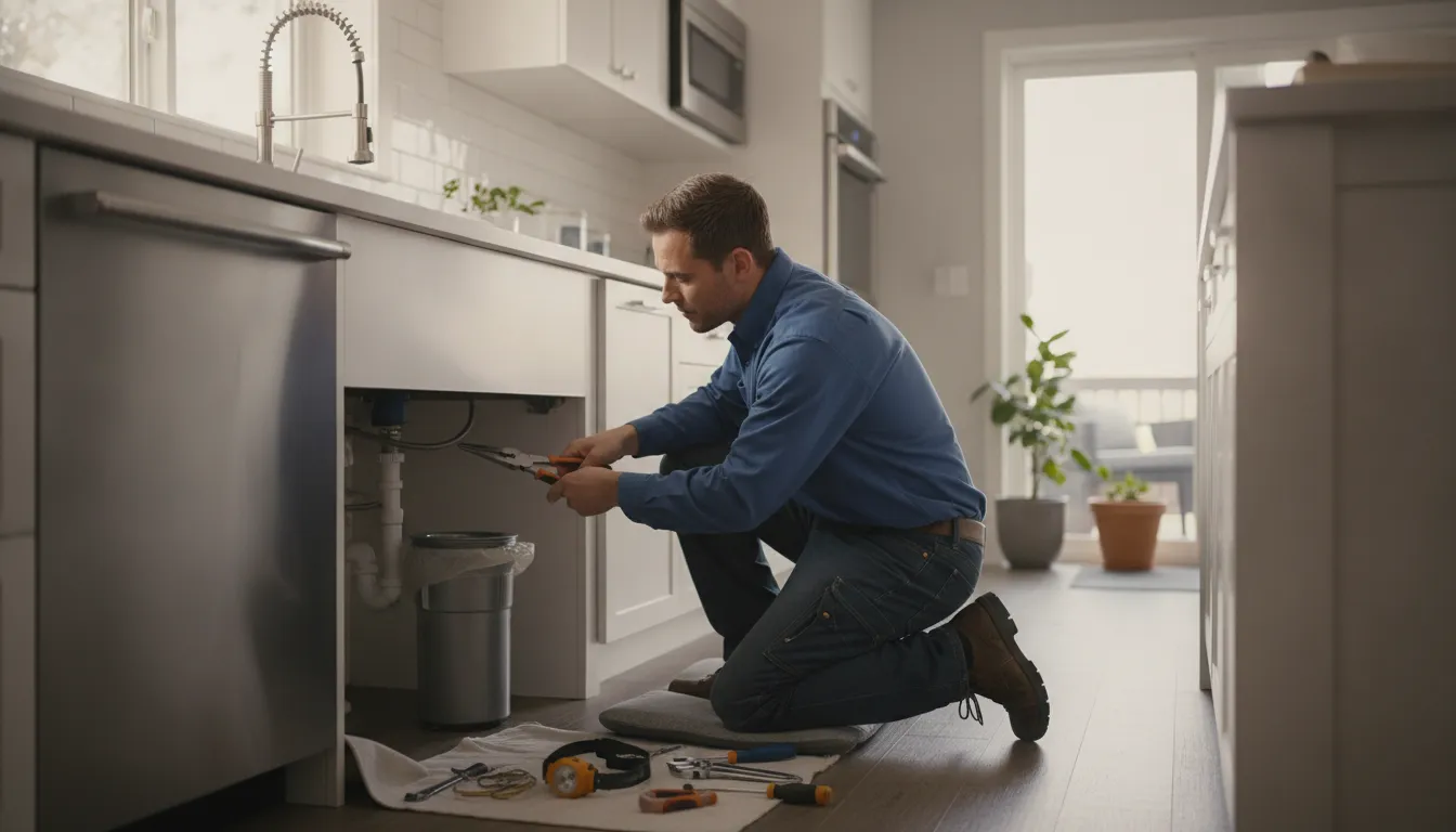 Plumber repairing a garbage disposal beneath a kitchen sink