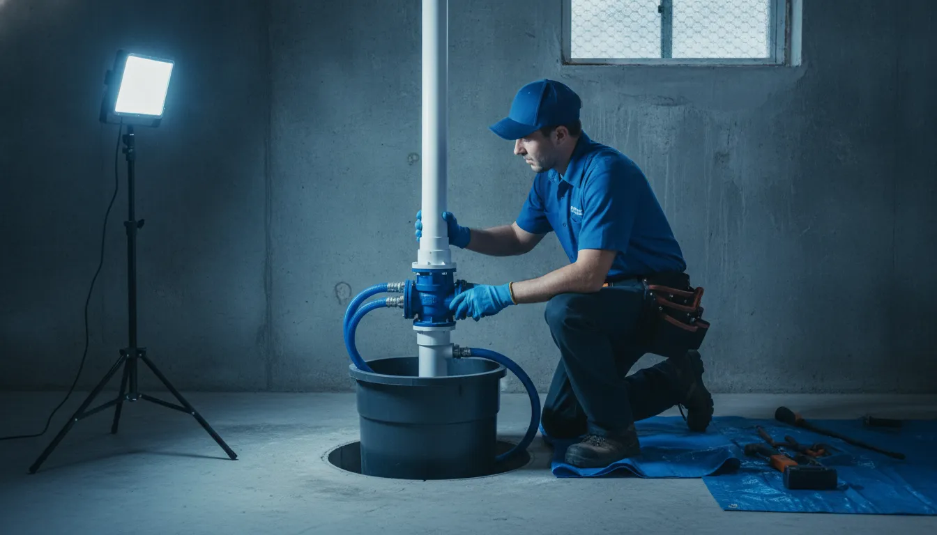 Plumber in a blue uniform inspecting a sump pump check valve on the discharge pipe in a Detroit-area basement