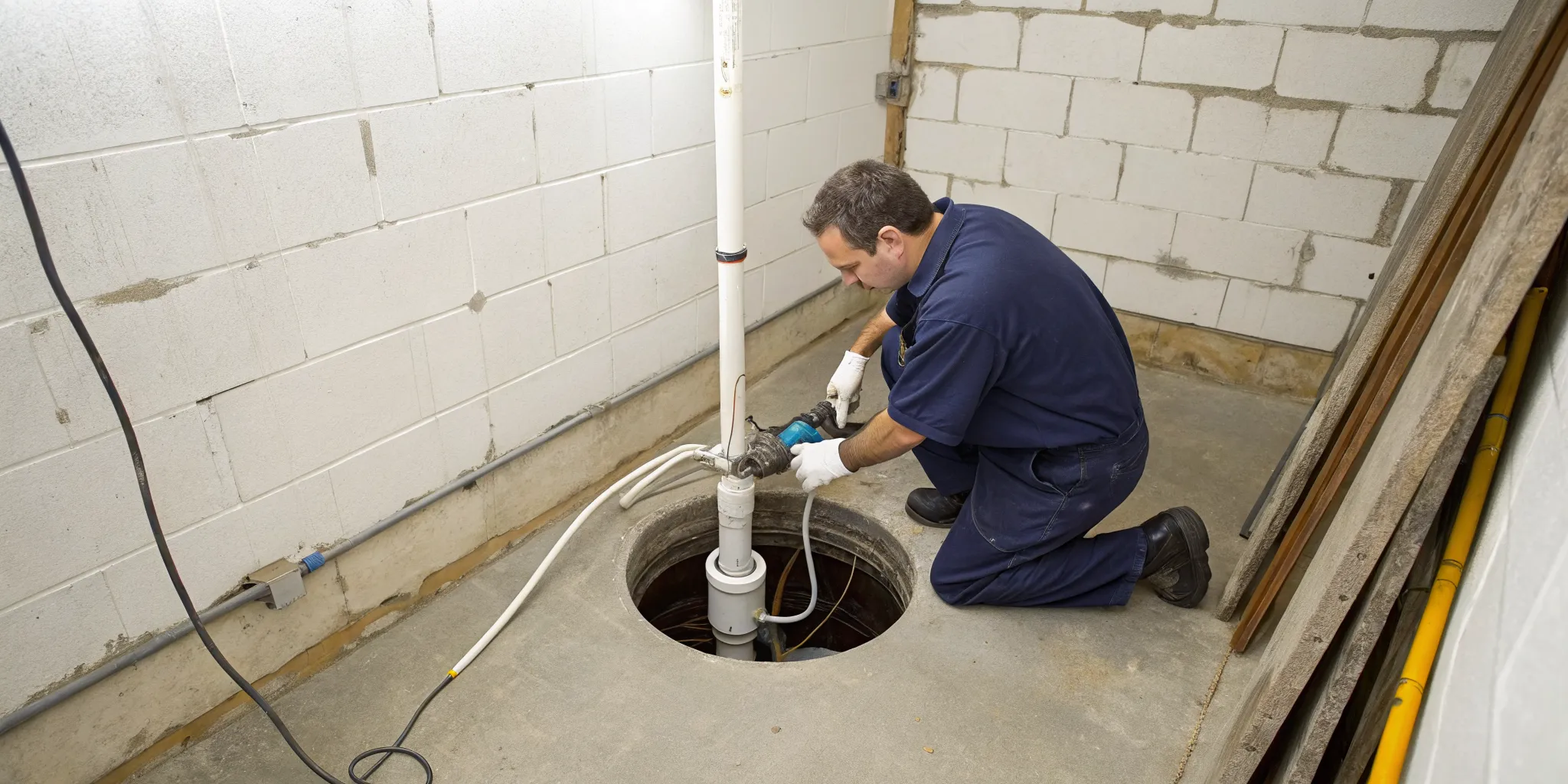 Plumber installing a new sump pump in a Southfield, MI basement.