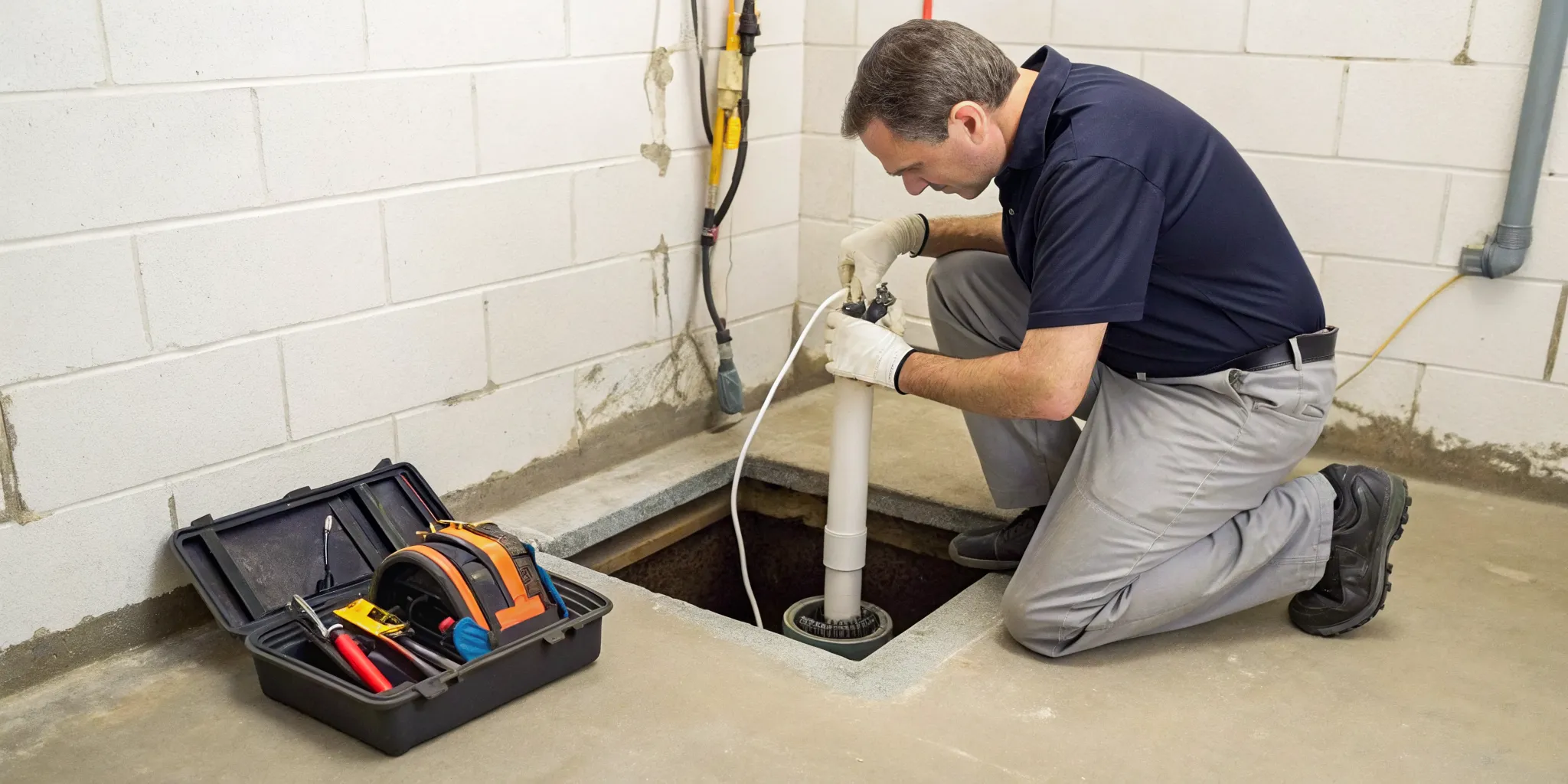 A technician repairs a sump pump in a Troy, MI basement.