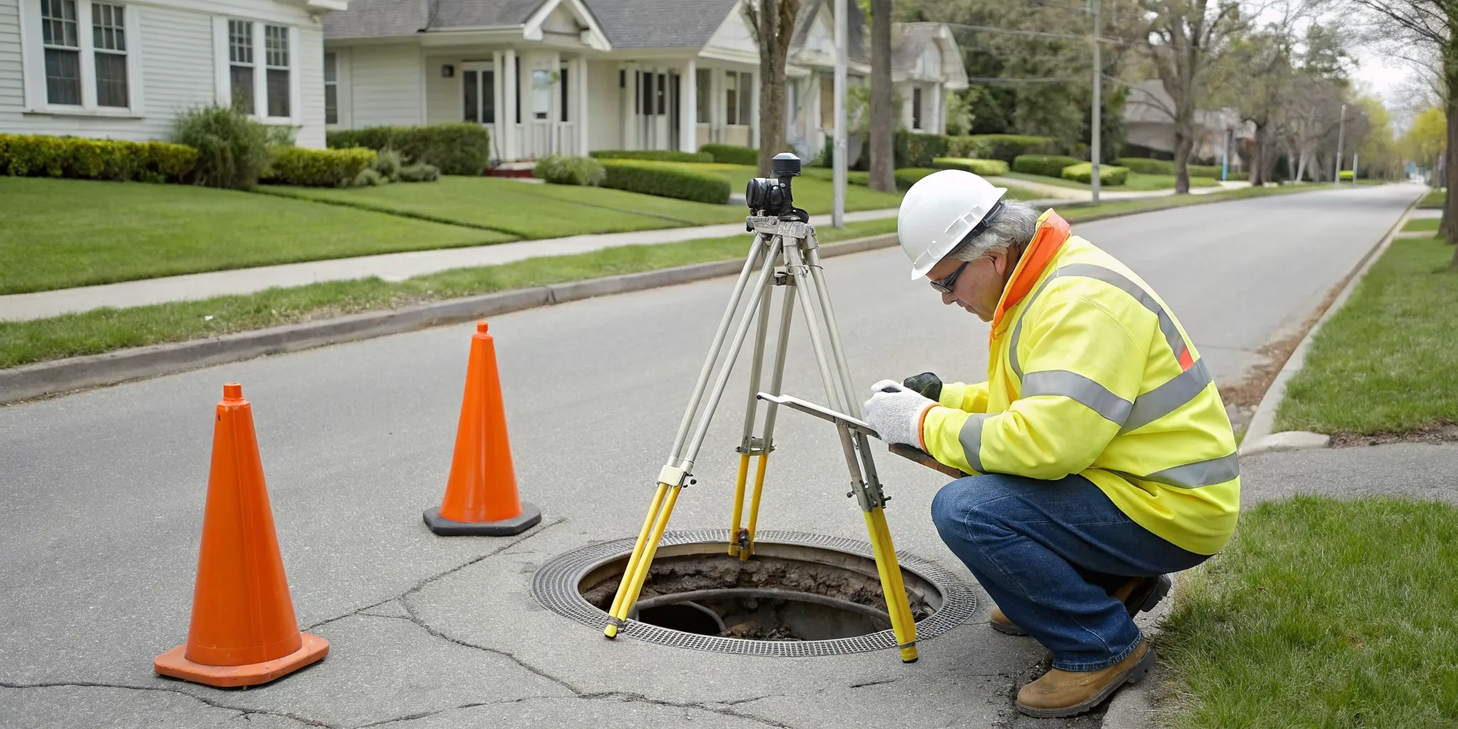 Worker inspecting a sewer line for repair in Birmingham, MI.