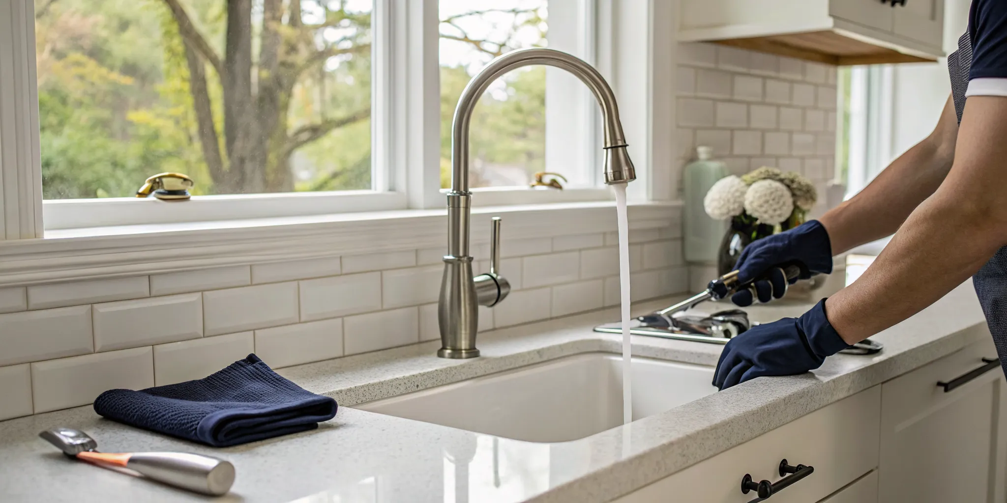 Plumber repairing a kitchen faucet in Birmingham, MI.