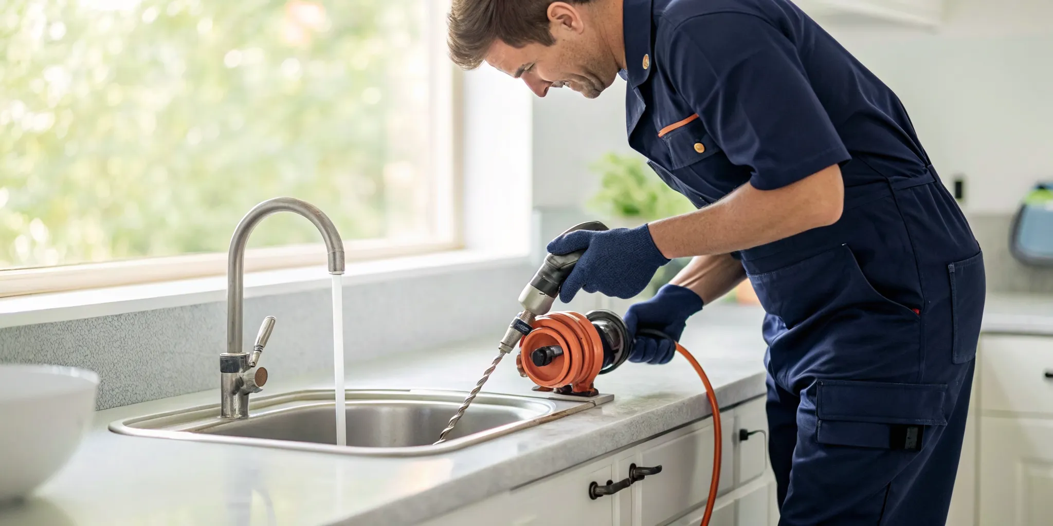 A plumber performs drain cleaning on a kitchen sink with a drain snake in Birmingham, MI.