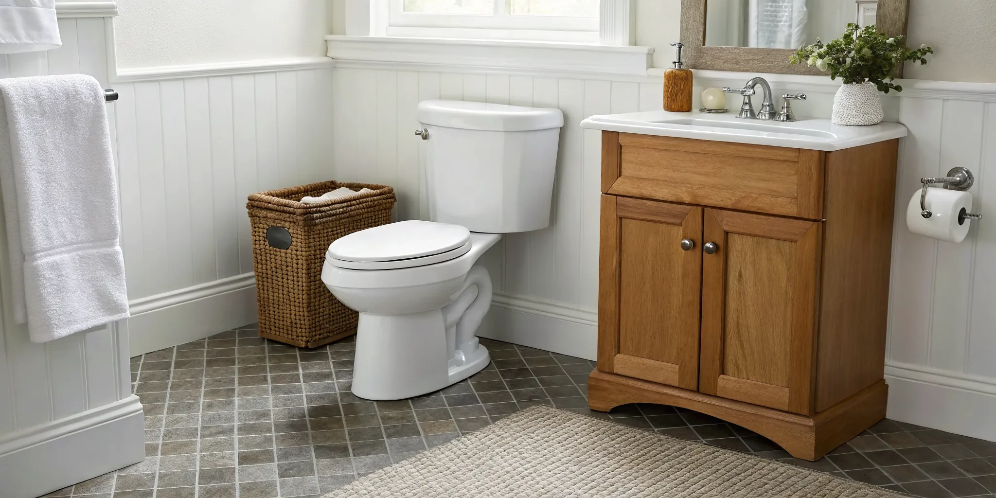 A white toilet in a home bathroom requiring repair by a professional plumber in Novi, MI.