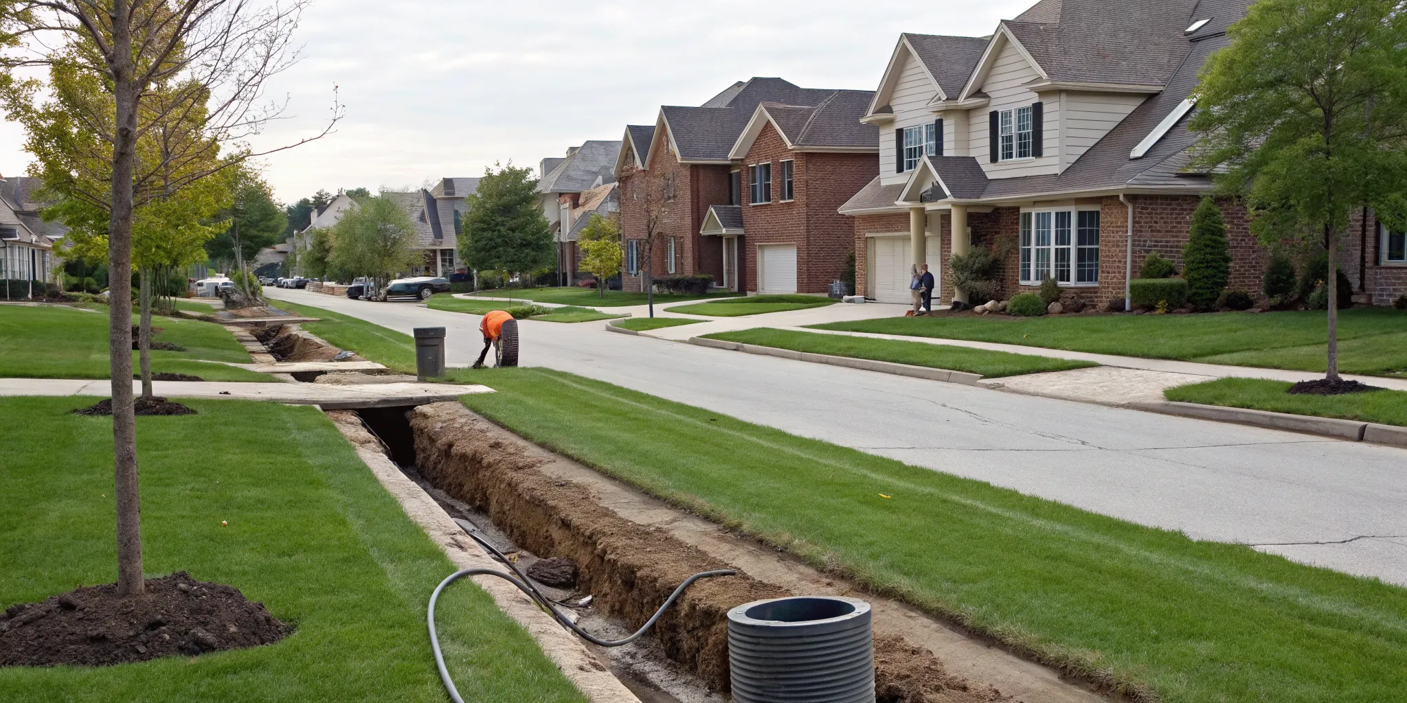 A dug-up yard in Troy, MI from traditional sewer repair, a problem solved by trenchless repair.