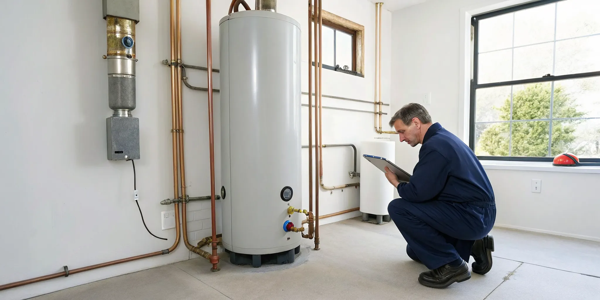 Water heater repair in Novi, MI, with a technician inspecting the unit.