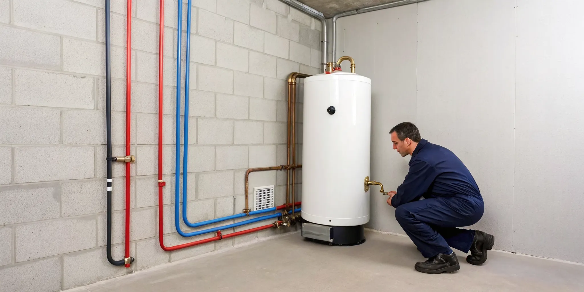 Water heater repair service in Troy, MI, with a technician working on a tank.