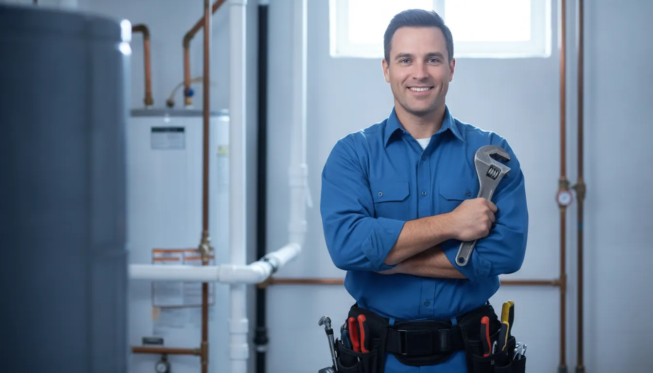 Professional plumber in a blue uniform standing in a basement utility room near a residential water heater