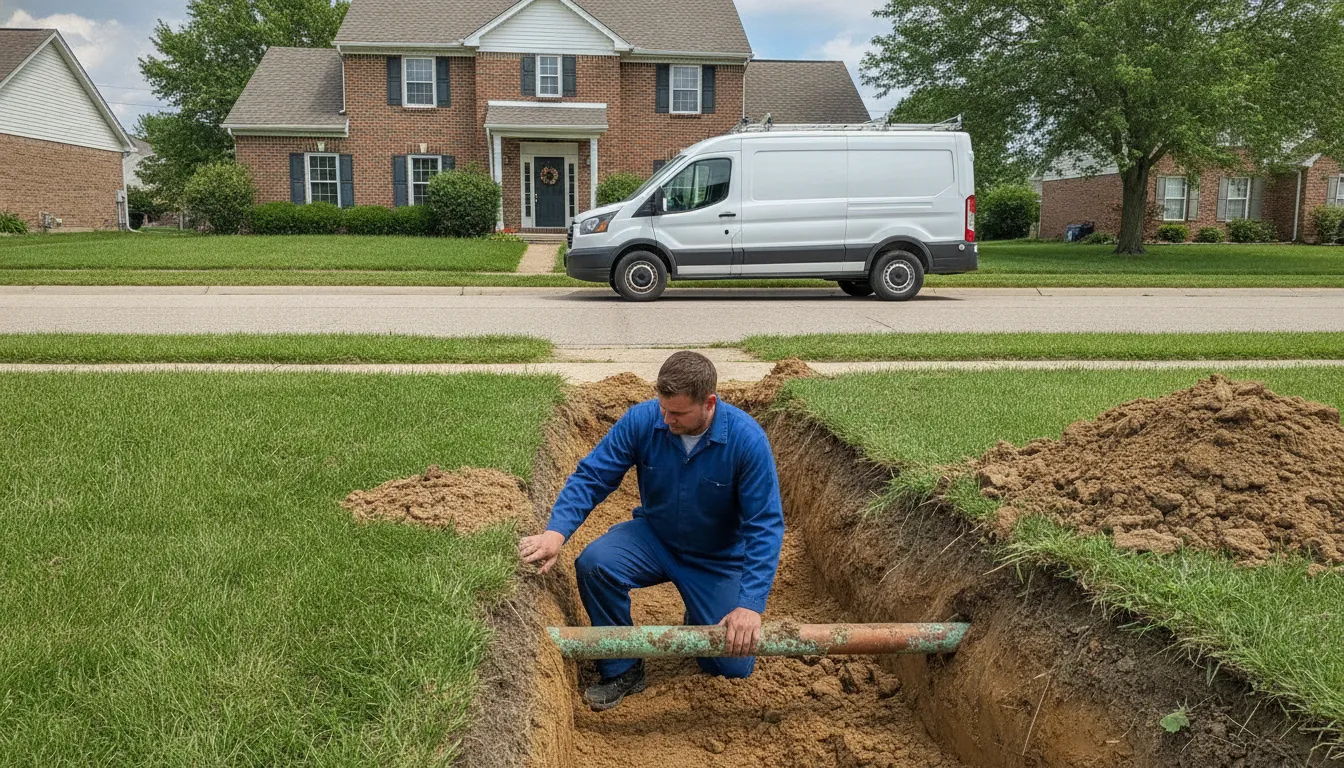Licensed plumber inspecting an exposed water service line in a Detroit front yard