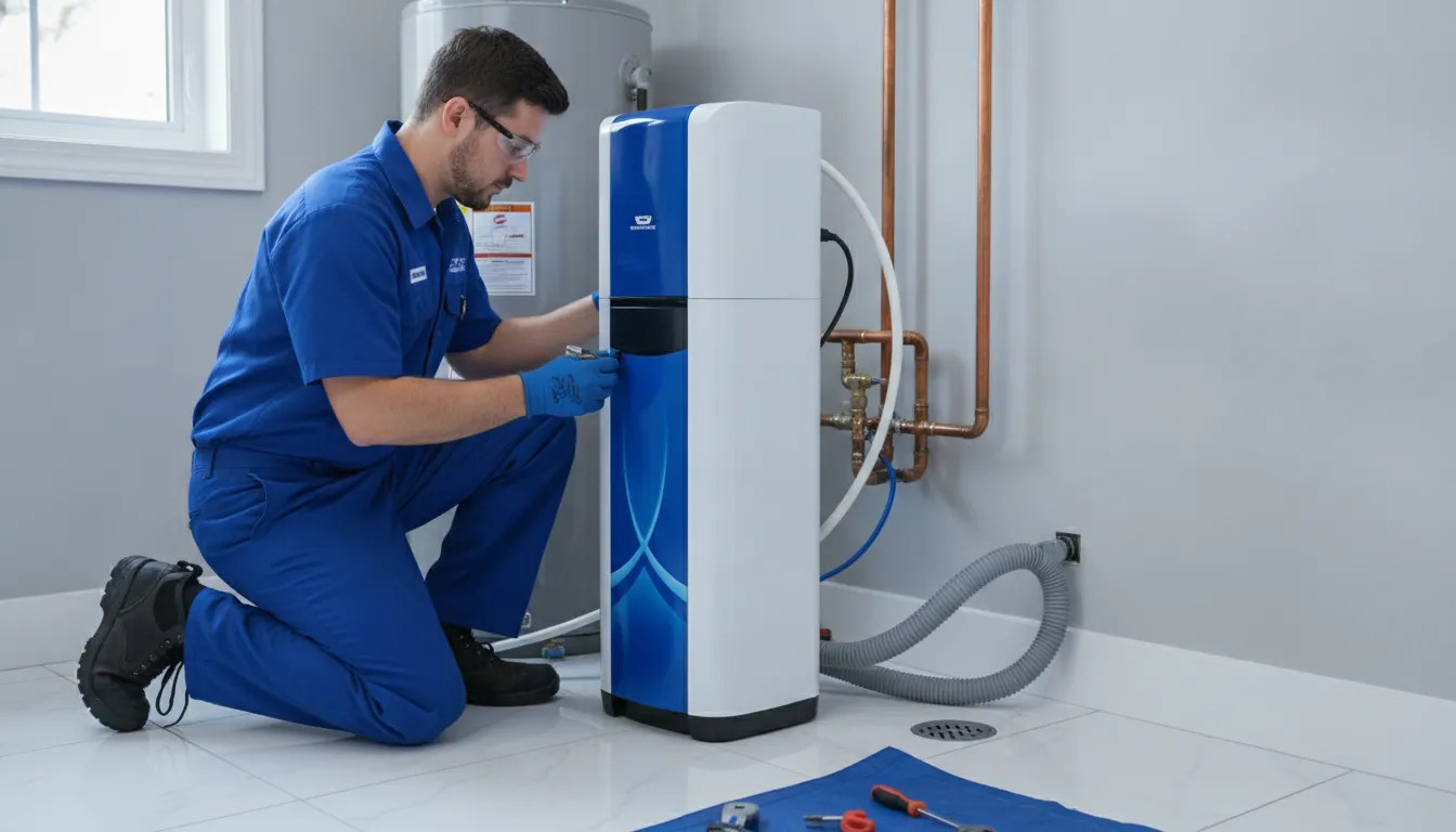Professional plumber installing a water softener system in a Metro Detroit home utility room