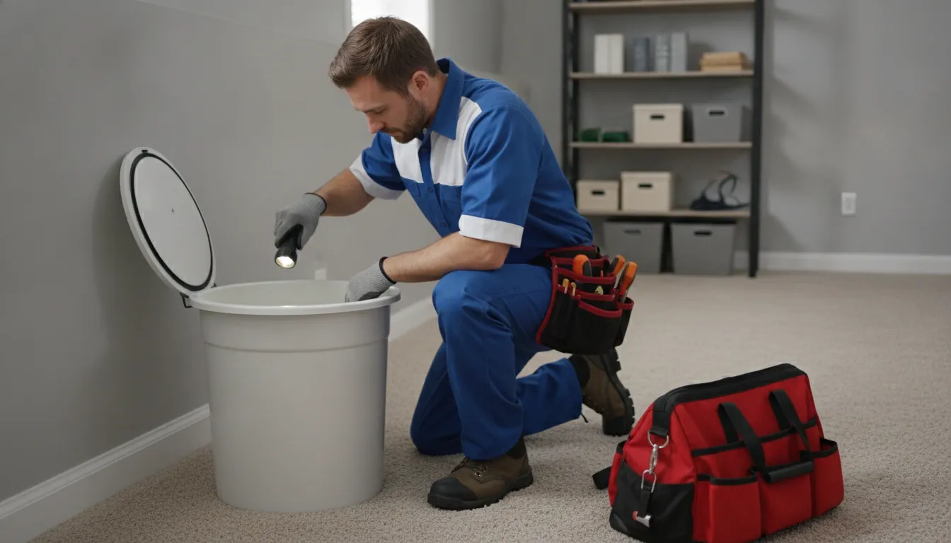 Technician inspecting a sump pump in a Farmington Hills basement