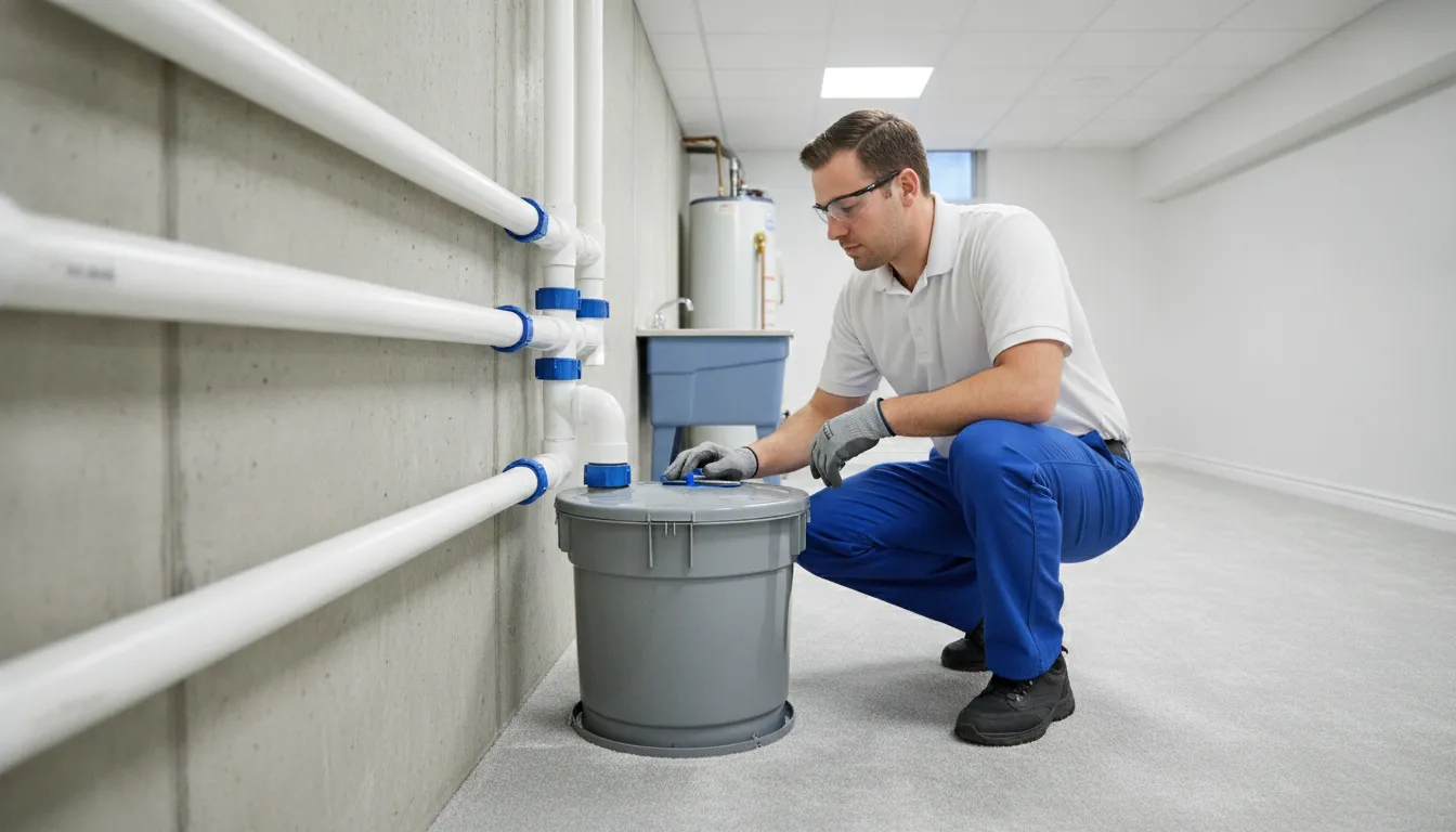 Plumber inspecting a sump pump in a Novi basement