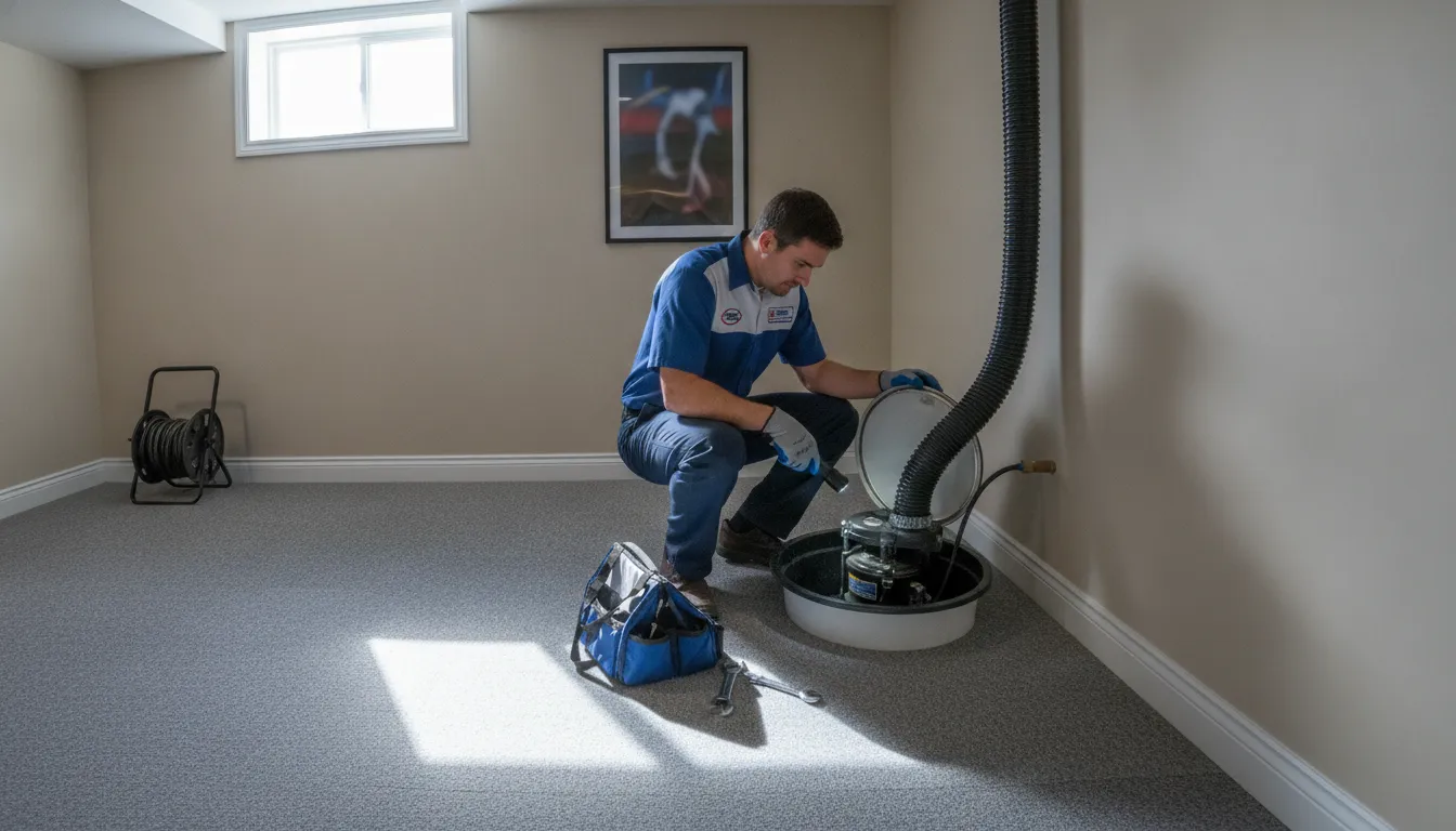 Plumber inspecting a sump pump in a Troy Michigan basement