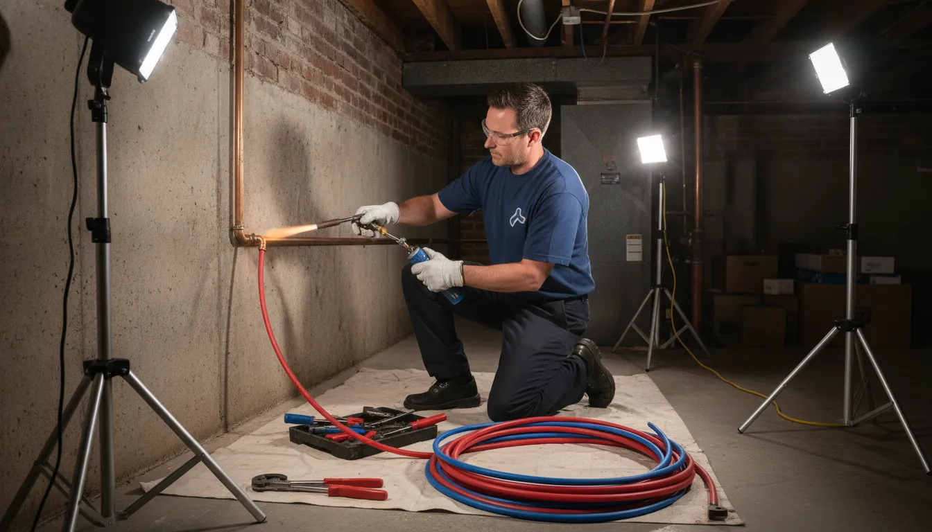 Mr. Pipey plumber installing new copper and PEX supply pipes in a Detroit home basement