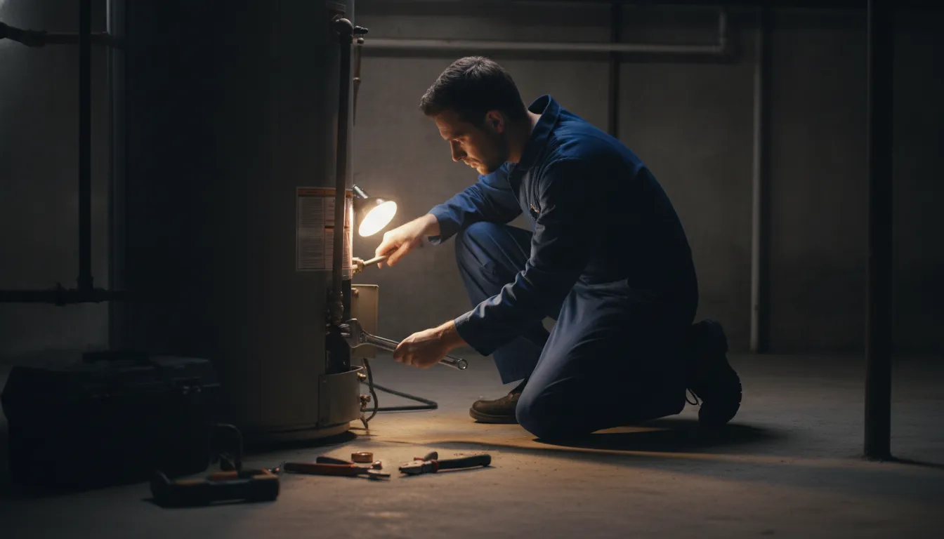 Plumber inspecting the base of a residential water heater in a basement