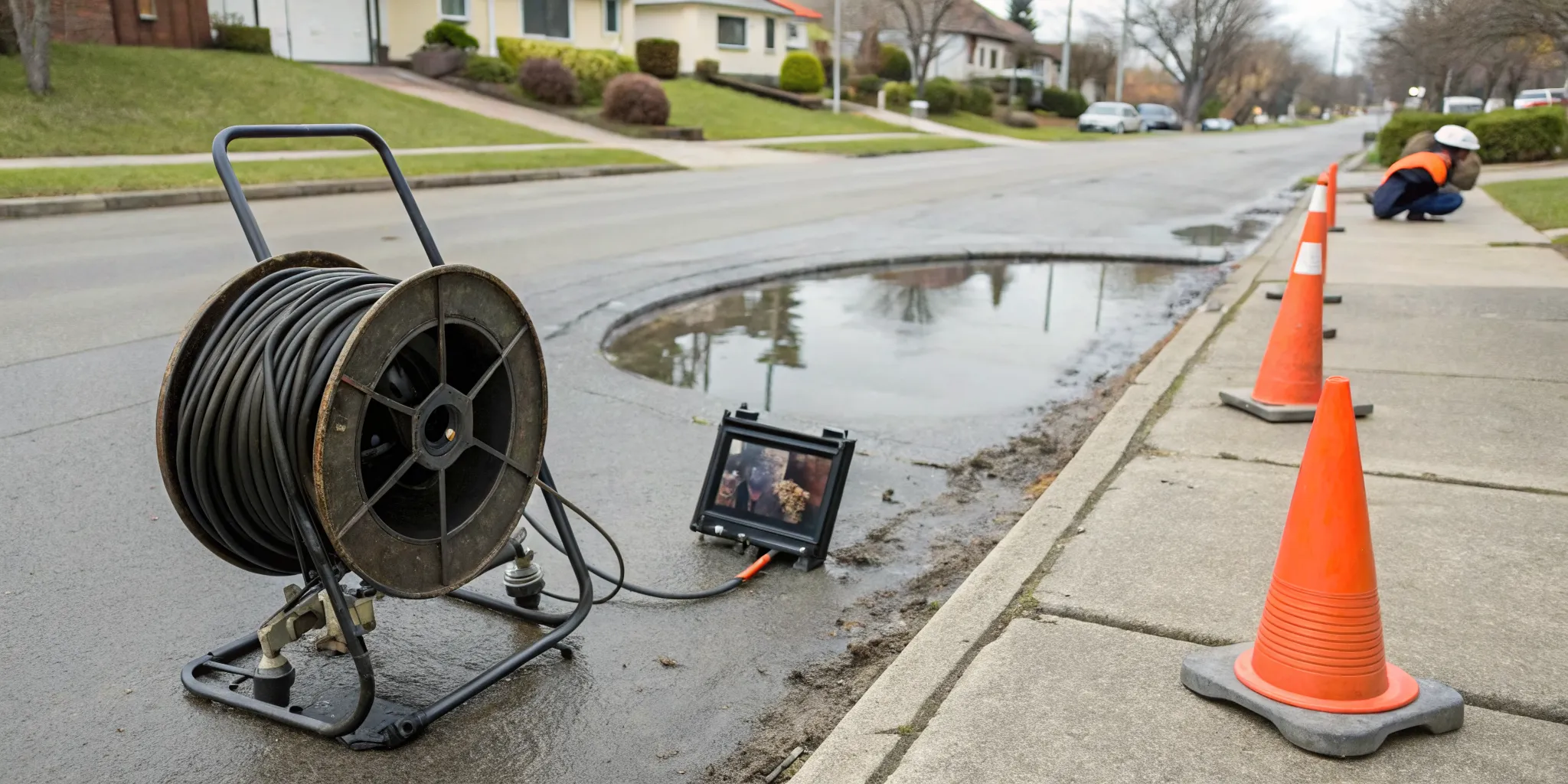 A sewer camera inspection being performed by a plumber in Troy, MI.