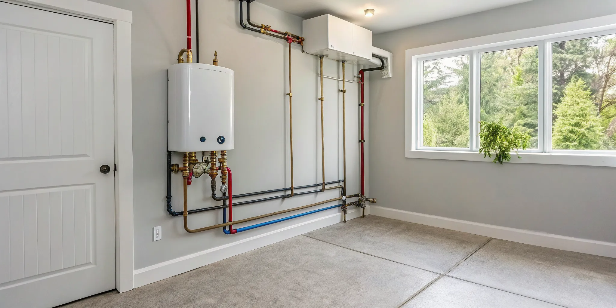 Compact tankless water heater installation with modern piping in a Southfield, MI home.