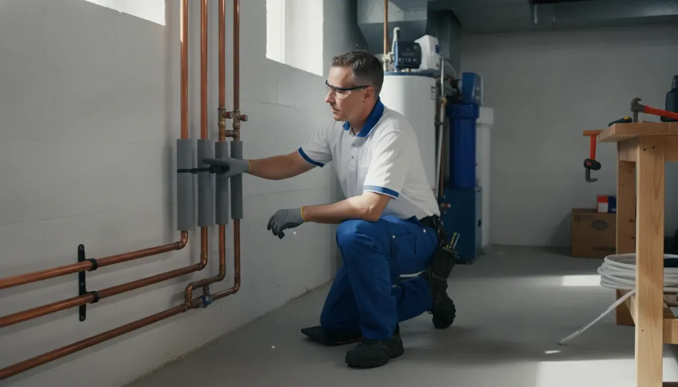 Professional plumber checking pipe insulation in an Ann Arbor home basement