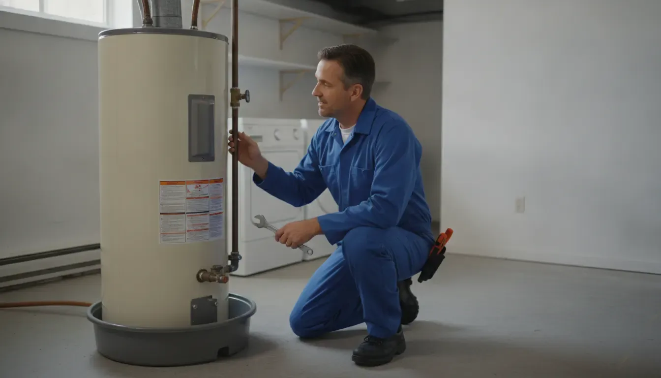 Mr. Pipey plumber inspecting a tank water heater in a Warren home